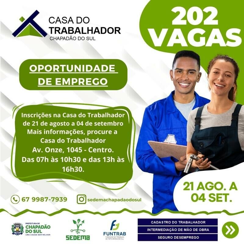 Imagem de compartilhamento para o artigo Mercado de trabalho aquecido: Casa do Trabalhador de Chapadão do Sul anuncia 202 vagas de emprego da MS Todo dia